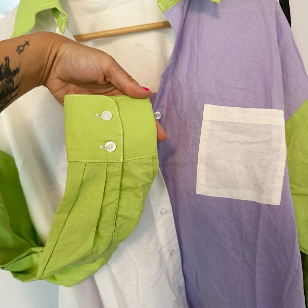 Charlie Holiday Colorblock Linen Cotton Button Up Shirt Dress Small Lavender - Picture 2 of 7